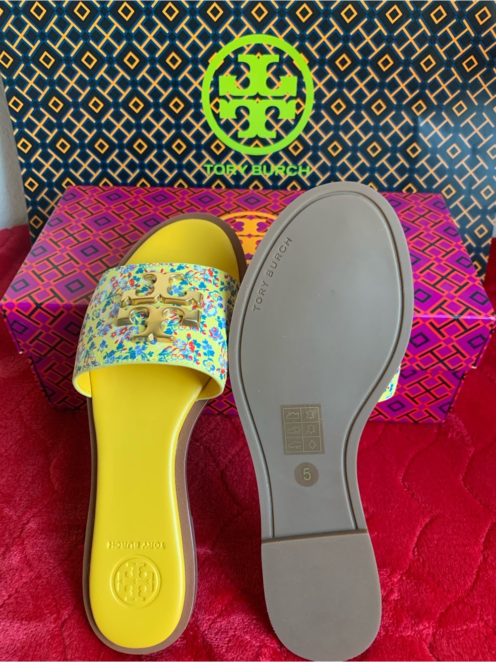 Tory Burch Yellow Floral Logo Slide Sandals with Gold Hardware - Picture 4 of 6